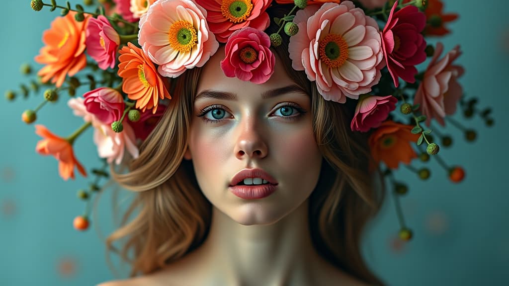  surreal portrait of person entwined with vibrant flowers