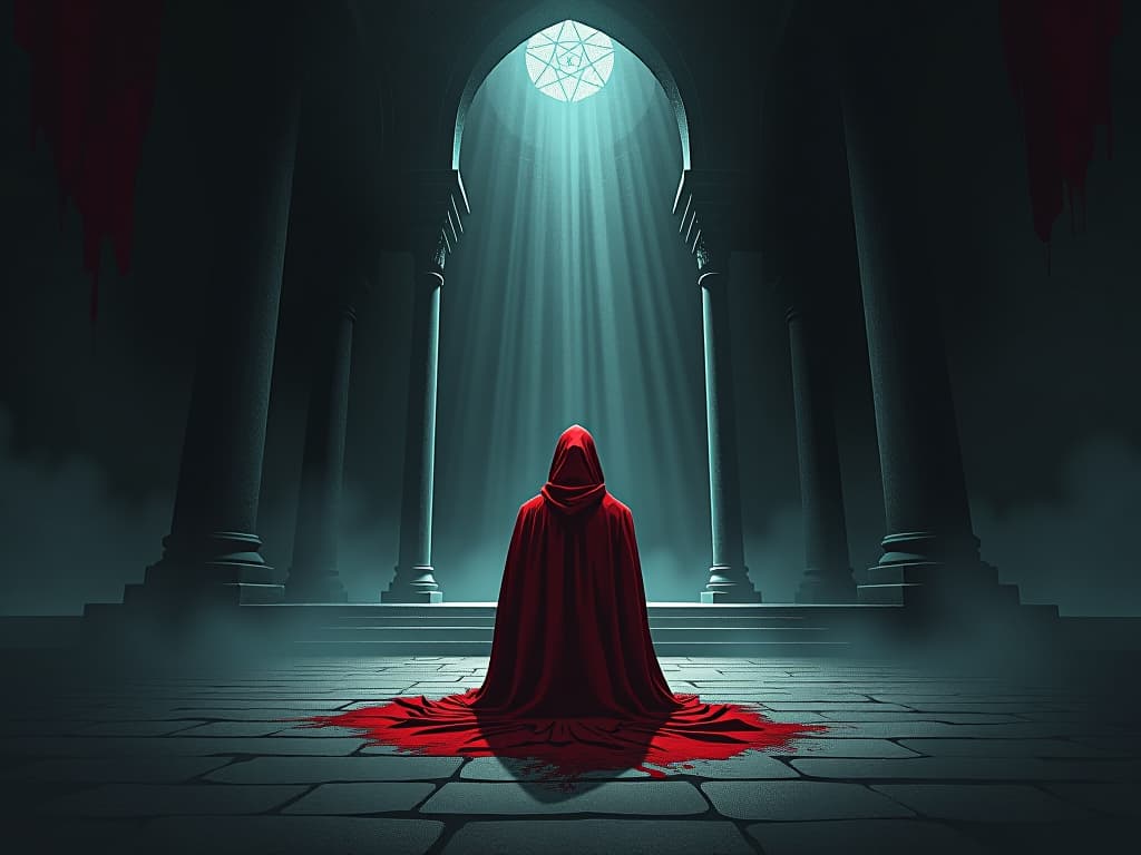  person in red garb, kneeling in a darkened temple, shadows looming, despair of seeking redemption. the style is digital art illustration / modern comic book / graphic dark novel fantasy and mysterious occult, symbolic, moody lighting, esoteric vibe,high detail on character design. for the color scheme emphasize blacks and reds.