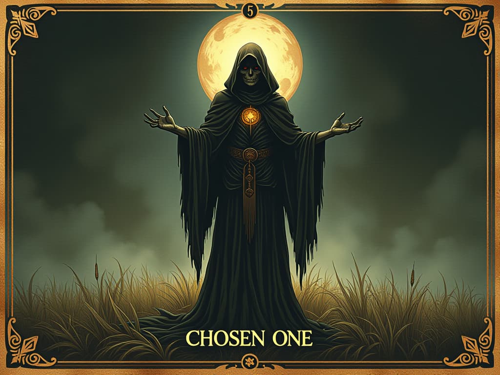  chosen one figure, sacred space, aura of strength, protective stance. an illustration in the style of a worn, mystical old tarot trump card, mysterious and elements of surrealism. the colors are muted, somber and eerie, but with contrast bring out an occult and esoteric vibe.