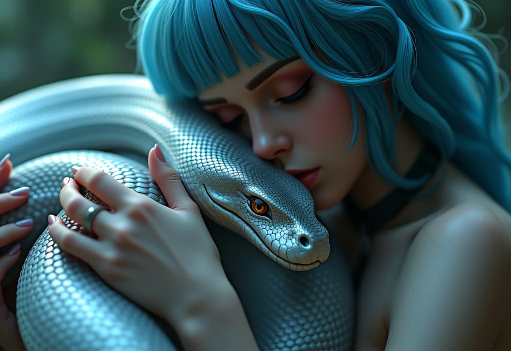  concept art beautiful with blue hair makes love with a big silver snake gently hugs snake. snake bends from caresses . digital artwork, ilrative, painterly, matte painting, highly detailed hyperrealistic, full body, detailed clothing, highly detailed, cinematic lighting, stunningly beautiful, intricate, sharp focus, f/1. 8, 85mm, (centered image composition), (professionally color graded), ((bright soft diffused light)), volumetric fog, trending on instagram, trending on tumblr, HDR 4K, 8K