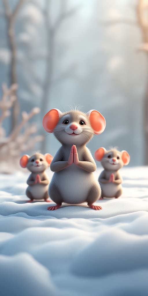  3d joyful friendly cartoon mice on a snowy white canvanamaste yoga meditation by man in white., high quality, high details, hd, perfect composition, 4k epic detailed, highly detailed, sharp focus, high resolution