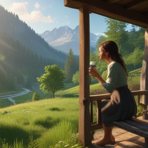 a woman drinking a coffee standing on the pourch and watching the sunshine over the mountains that are covered in green trees and grass, unreal engine, classic oil, cheerful, high resolution