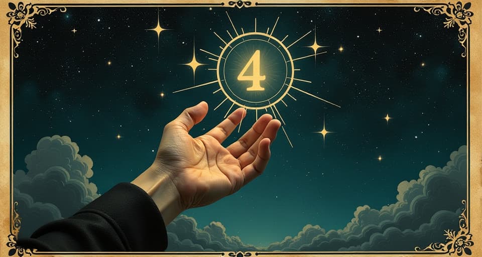  a hand reaching towards glowing numbers in the night sky, surrounded by starry expanse, magical confirmation, celestial. an illustration in the style of a worn, mystical old tarot trump card, mysterious and elements of surrealism. the colors are muted, somber and eerie, but with contrast bring out an occult and esoteric vibe.