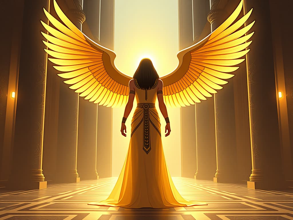  a celestial being, luminous and ethereal, standing at the center of a grand hall, light radiating outward, symbolizing extraordinary harmony. the style is digital art illustration / modern comic book / mysterious occult, symbolic, esoteric vibe,high detail on character design, incorporating ancient egyptian symbology and attire.