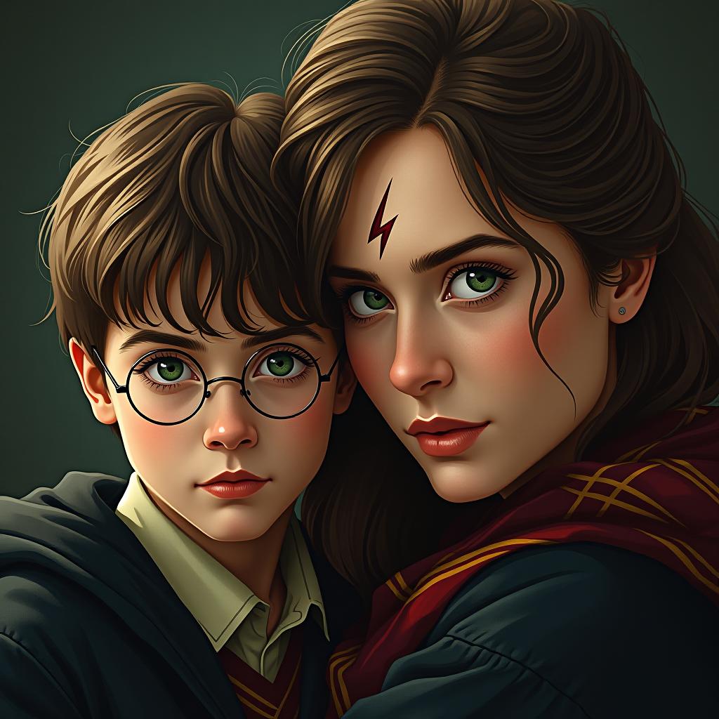  a mother with a child in the style of harry potter, the boy has brown eyes and a lightning shaped scar on his forehead, while the mother has green eyes.