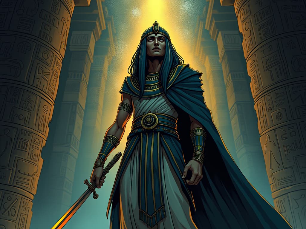  hieroglyphs etched in stone, illuminated by torchlight, mystical aura, sense of revelation. the style is digital art illustration / modern comic book / mysterious occult, symbolic, esoteric vibe,high detail on character design, incorporating ancient egyptian symbology and attire.