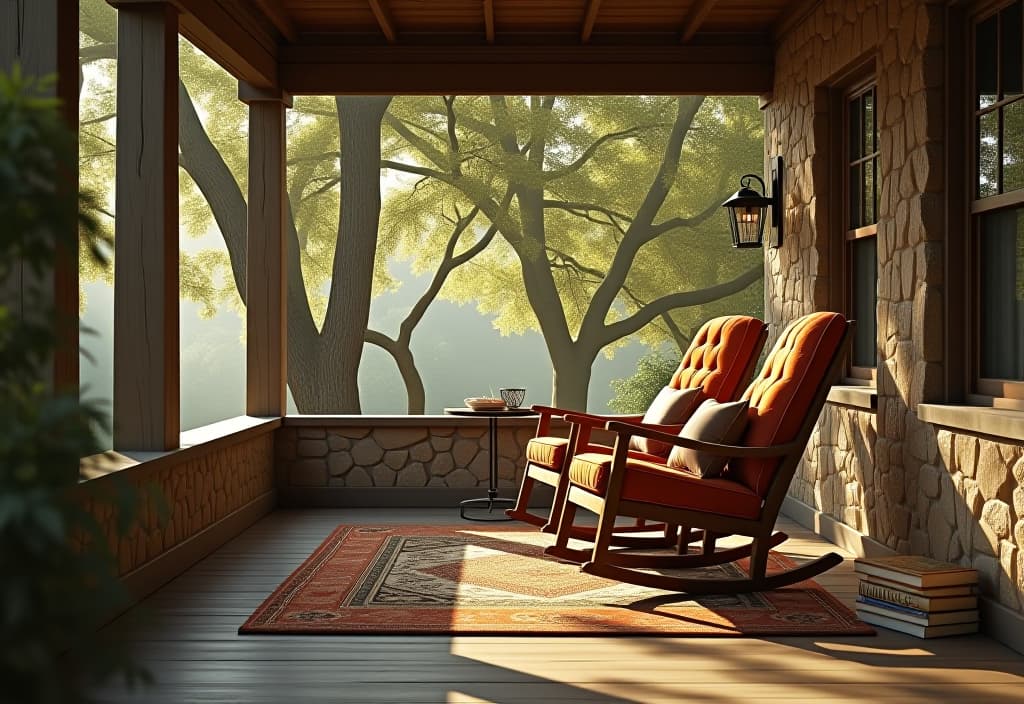  a landscape photo of a cozy patio nook featuring a pair of oversized rocking chairs, a plush outdoor rug, and a rustic side table, all nestled under a canopy of trees with dappled sunlight, viewed from a slight elevated angle hyperrealistic, full body, detailed clothing, highly detailed, cinematic lighting, stunningly beautiful, intricate, sharp focus, f/1. 8, 85mm, (centered image composition), (professionally color graded), ((bright soft diffused light)), volumetric fog, trending on instagram, trending on tumblr, HDR 4K, 8K