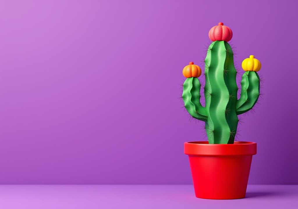  a colorful cactus toy in a red pot displayed against a vibrant purple backdrop creating a striking scene with copy space image