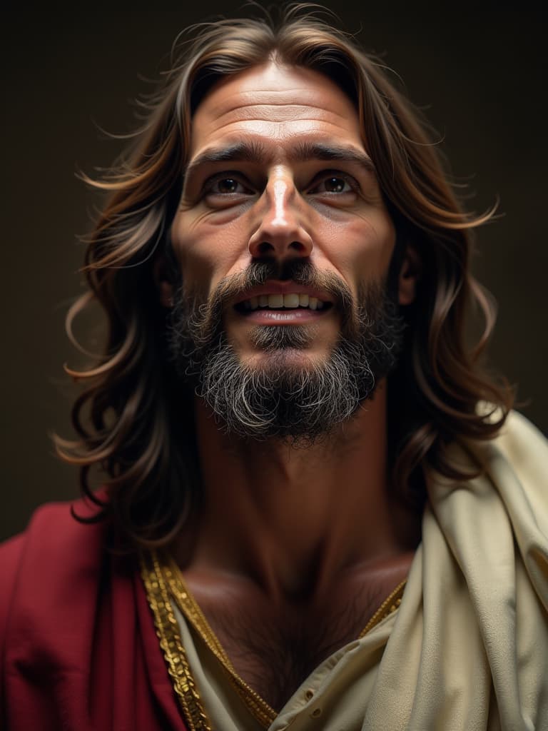  jesus face close up, happy, blessings, size hyperrealistic, full body, detailed clothing, highly detailed, cinematic lighting, stunningly beautiful, intricate, sharp focus, f/1. 8, 85mm, (centered image composition), (professionally color graded), ((bright soft diffused light)), volumetric fog, trending on instagram, trending on tumblr, HDR 4K, 8K