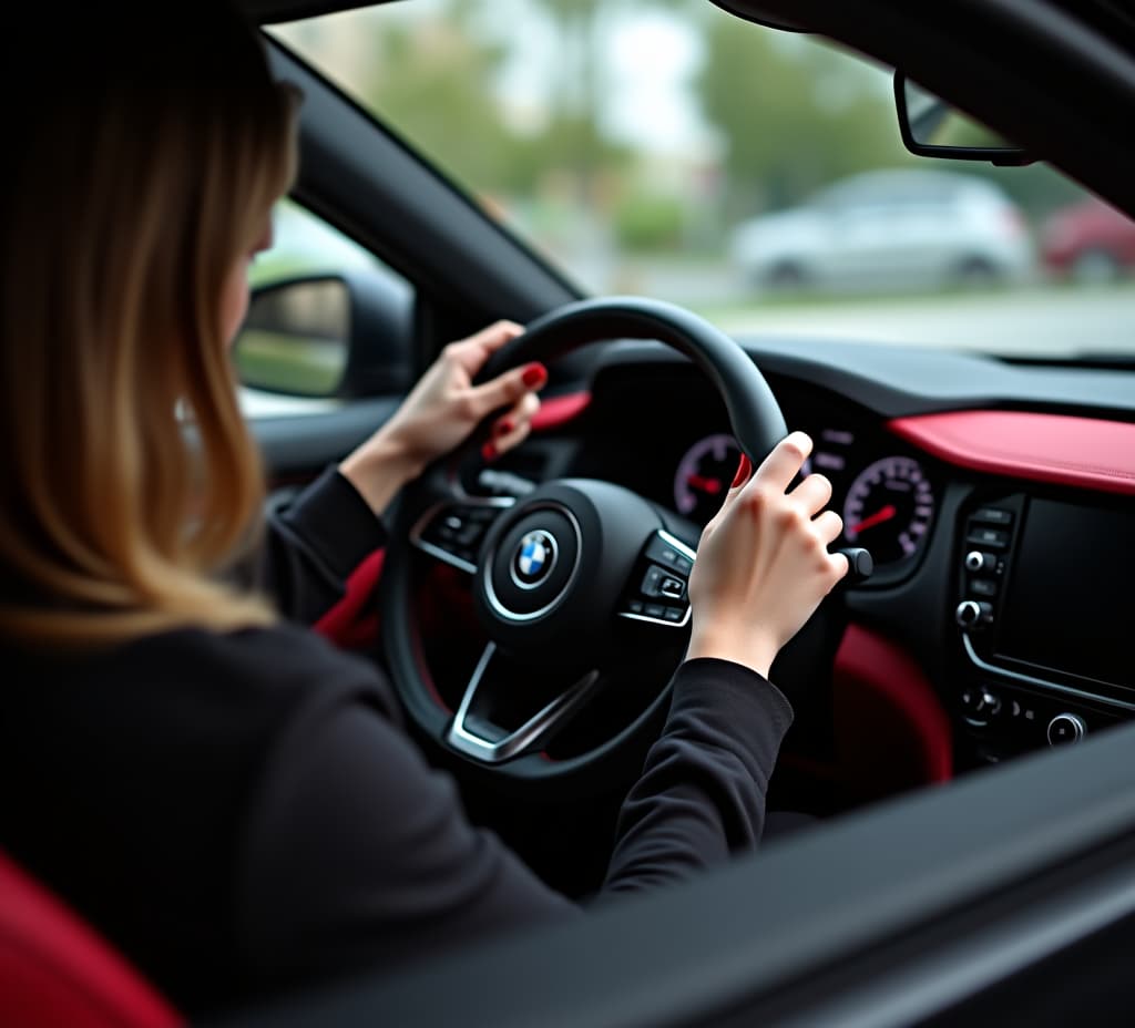  female hands with red painted nails on the steering wheel, woman sitting in a luxurious car interior in black and red colors. lady automobile driver, holding drivers wheel, controlling vehicle,turning