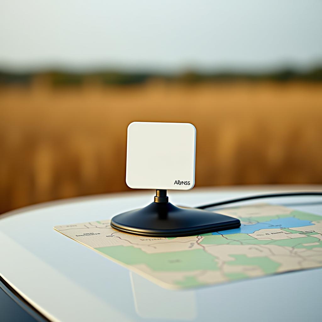  a white square gnss antenna allynav r70 on the hood of a car in wheat fields, with a map of the fields lying nearby.