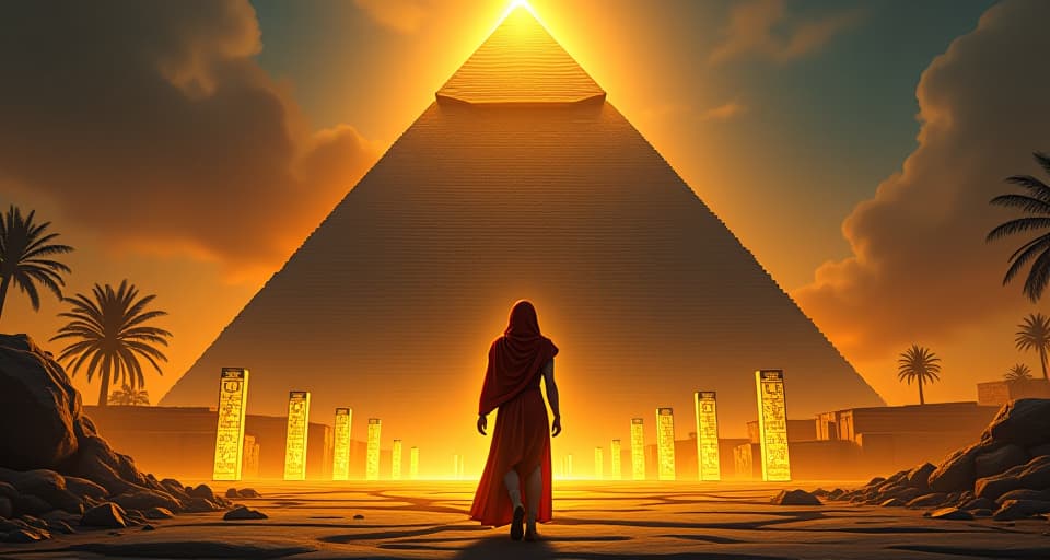  forecourt of a grand pyramid, a would be agitator stepping back, looking confused, golden force field visible, glowing hieroglyph barriers. the style is digital art illustration / modern comic book / mysterious occult, symbolic, esoteric vibe,high detail on character design, incorporating ancient egyptian symbology and attire.