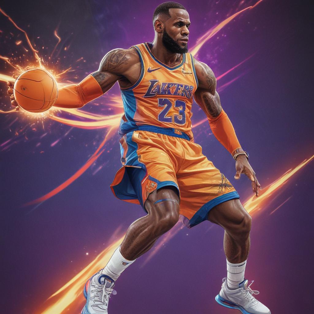 distance-shot, flashy, full-body, dynamic, holographic, animated cartoon poster of lebron james in the style of dragon ball super