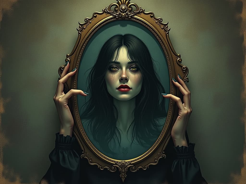  mirror reflecting a distorted human image surrounded by shadows, hints of unsettling energy, dark and foreboding. an illustration in the style of a worn, mystical old tarot trump card, mysterious and elements of surrealism. the colors are muted, somber and eerie, but with contrast bring out an occult and esoteric vibe.