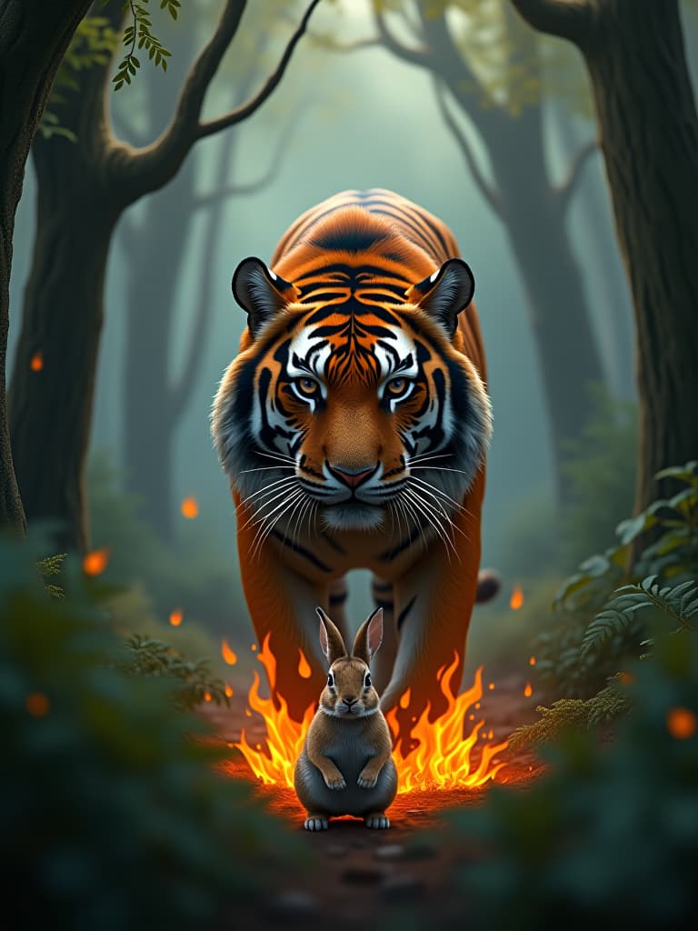  the forest, the fire, the rabbit in front of the tiger photo realistic, highly intricate and detailed, masterpiece, ultra high res,photography,8k resolution