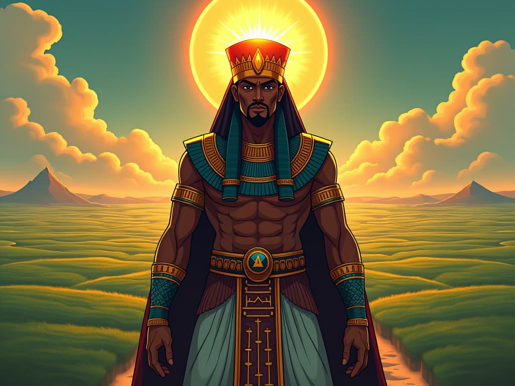  the incan emperor, in elaborate attire with a radiant headpiece, standing in front of lush fields, a gleaming sun overhead, symbolizing prosperity. the style is digital art illustration / modern comic book / mysterious occult, symbolic, esoteric vibe,high detail on character design, incorporating ancient egyptian symbology and attire.