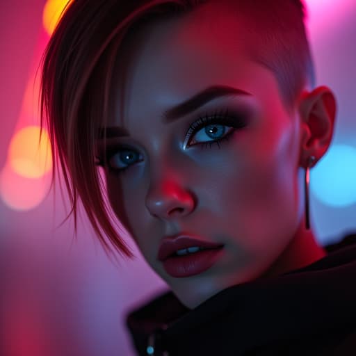  ultra realistic close up portrait ((beautiful pale cyberpunk female with heavy black eyeliner)), blue eyes, shaved side haircut, hyper detail, cinematic lighting, magic neon, dark red city, canon eos r3, nikon, f/1.4, iso 200, 1/160s, 8k, raw, unedited, symmetrical balance, in frame, 8k hyperrealistic, full body, detailed clothing, highly detailed, cinematic lighting, stunningly beautiful, intricate, sharp focus, f/1. 8, 85mm, (centered image composition), (professionally color graded), ((bright soft diffused light)), volumetric fog, trending on instagram, trending on tumblr, HDR 4K, 8K