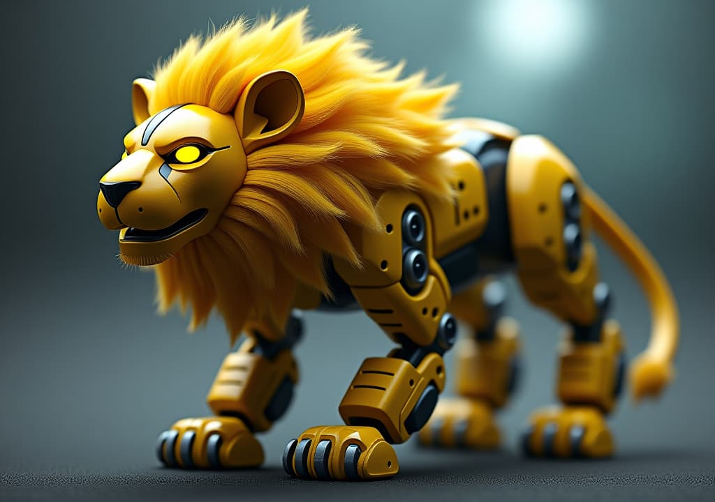  robot lion with yellow fur and glowing eyes