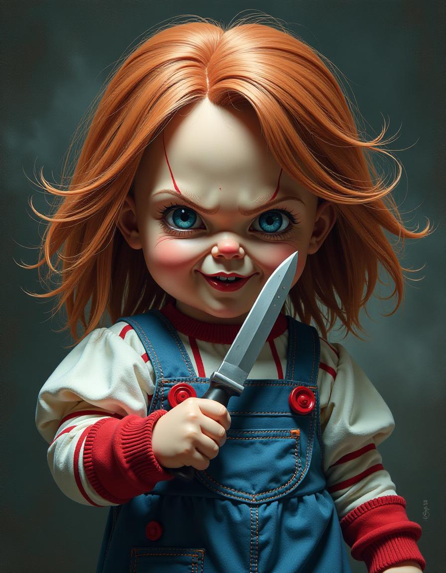  advertising poster style (masterpiece, oil painting, comic book style:1.4). a children's scary doll "daisy" with a knife, sparse hair and evil eyes from horror movies. high resolution. high detail. increased attention to small details . professional, modern, product focused, commercial, eye catching, highly detailed