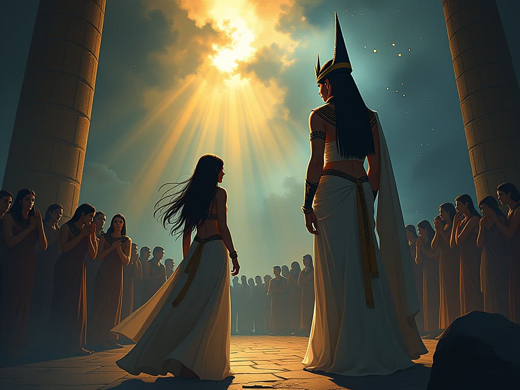  scene of chaos, illuminated by comforting light, with a large busted priestess providing guidance. the style is digital art illustration / modern comic book / mysterious occult, symbolic, esoteric vibe,high detail on character design, incorporating ancient egyptian symbology and attire.