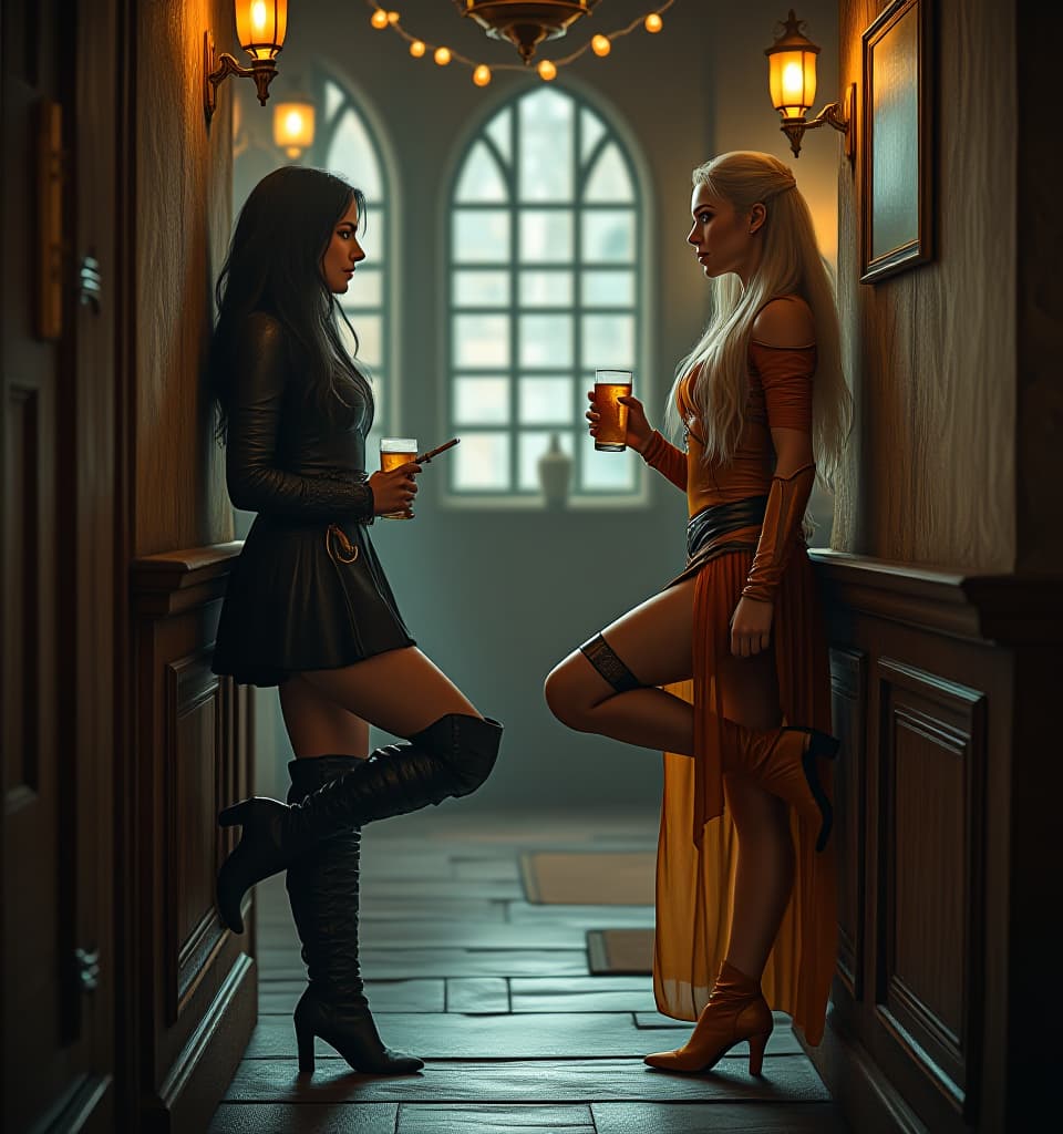  cinematic photo 2 women stand opposite each other in the fanatasy tavern. one is a midle aged witch with long black hair and cigarette leans the wall with one high up leg. she wears in black green armour, black leather skirt and black leather over the knee boots. another is a young amazon with longblond hair and cup of beer leans the wall with one high up leg. she wears in orange leather armour, orange leather skirt and orange high heel boots. full body, side view, hyperdetailed, 4k . 35mm photograph, film, bokeh, professional, 4k, highly detailed