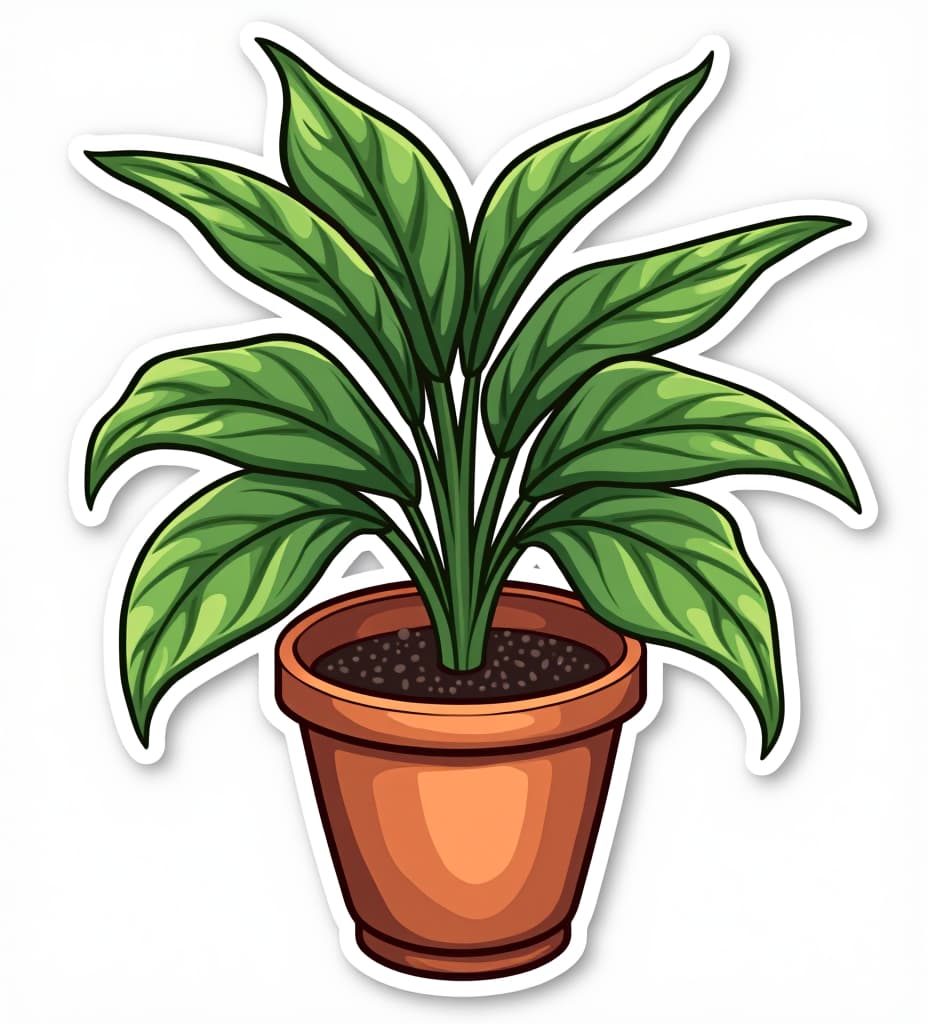  draw a sticker of a houseplant in a pot with wide leaves with transparent background