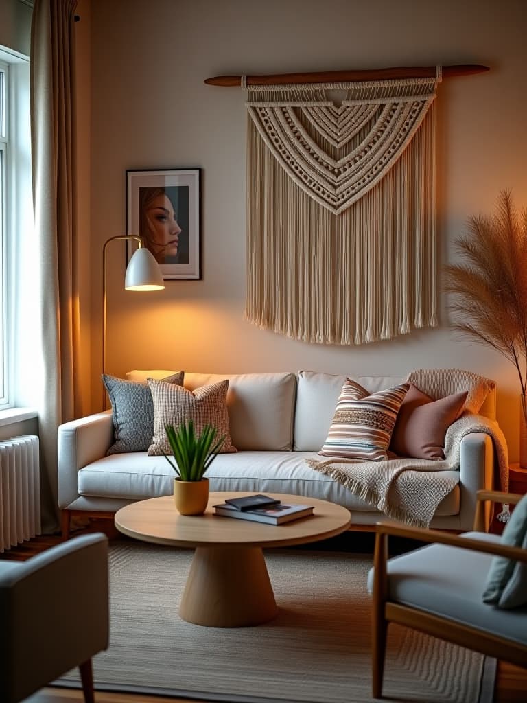  high quality portrait photo of a cozy living room with warm lighting, featuring diy throw pillows, upcycled furniture, and a large macramé wall hanging, showcasing budget friendly decor ideas hyperrealistic, full body, detailed clothing, highly detailed, cinematic lighting, stunningly beautiful, intricate, sharp focus, f/1. 8, 85mm, (centered image composition), (professionally color graded), ((bright soft diffused light)), volumetric fog, trending on instagram, trending on tumblr, HDR 4K, 8K