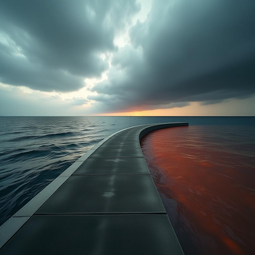  hyperrealistic art hdr foto, on concrete embankment of storm, deep orange color water in sea, grey tone sky, , curvy horizon line landscape , low angle view, 4k, artificial extremely high resolution details, photographic, realism pushed to extreme, fine texture, incredibly lifelike, complex background, uhd . extremely high resolution details, photographic, realism pushed to extreme, fine texture, incredibly lifelike