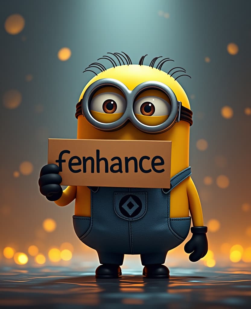  a minion , masterpiece,(holding up a sign with the word "enhance ai"), epic background, positive emotional,