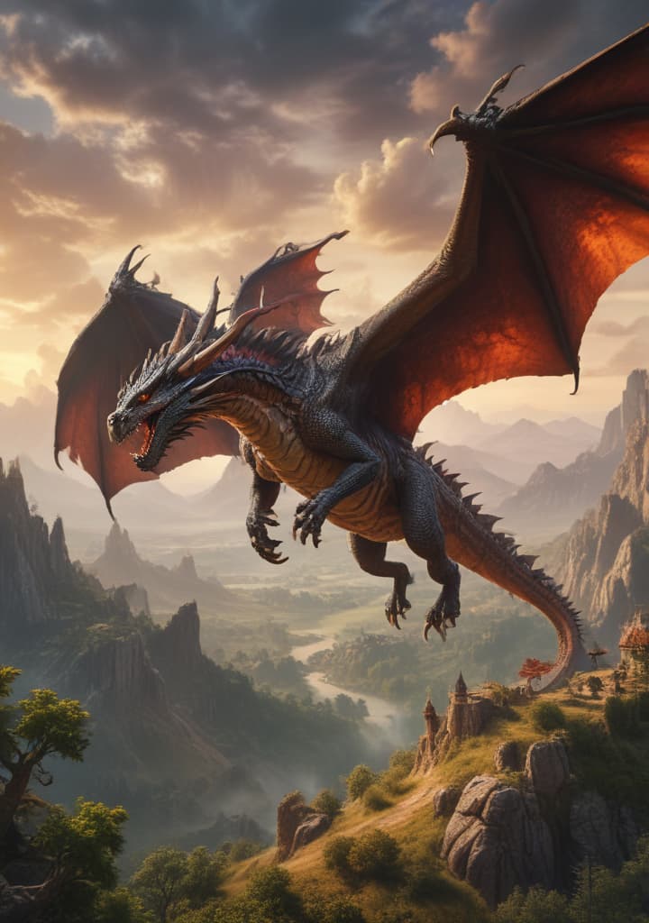 Illustrate a breathtaking dragon soaring over a mystical landscape. highly detailed,studio lighting,professional,vivid colors, cinematic lighting, HDR, UHD, 4K, 8k, 64K