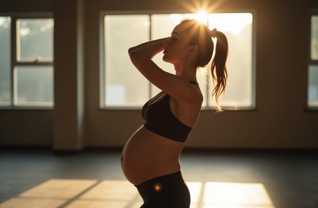  professional detailed photography, pregnant woman wearing sportswear stretching her neck and arms in a gym with sunlight ar 3:2, (muted colors, dim colors, soothing tones), (vsco:0.3)