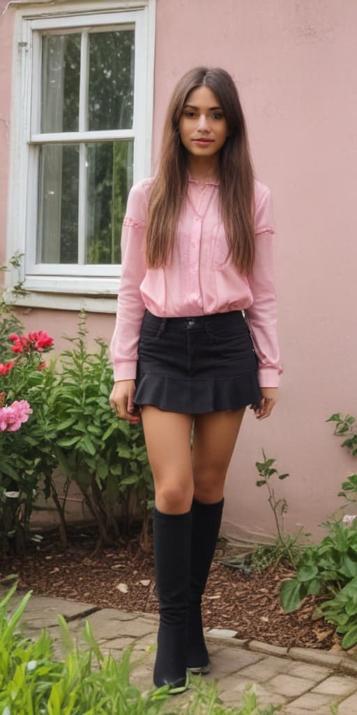 (((extremely, skinny))), (((tiny))) brown skinned, (((25, year, old))) with long hair, in loosely pink layered and black nylon with black boots, makeup, lipstick, jewelery, standing in garden of a house. the weather is sunny