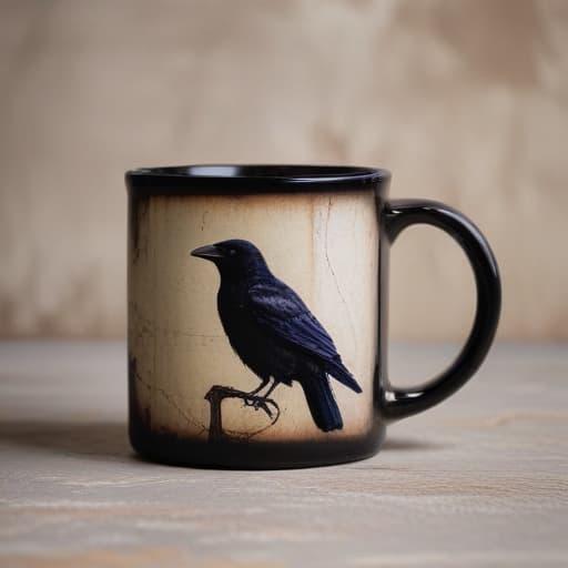 Coffee mug with Raven for Etsy shop in Macro Photography style with Old Wall background