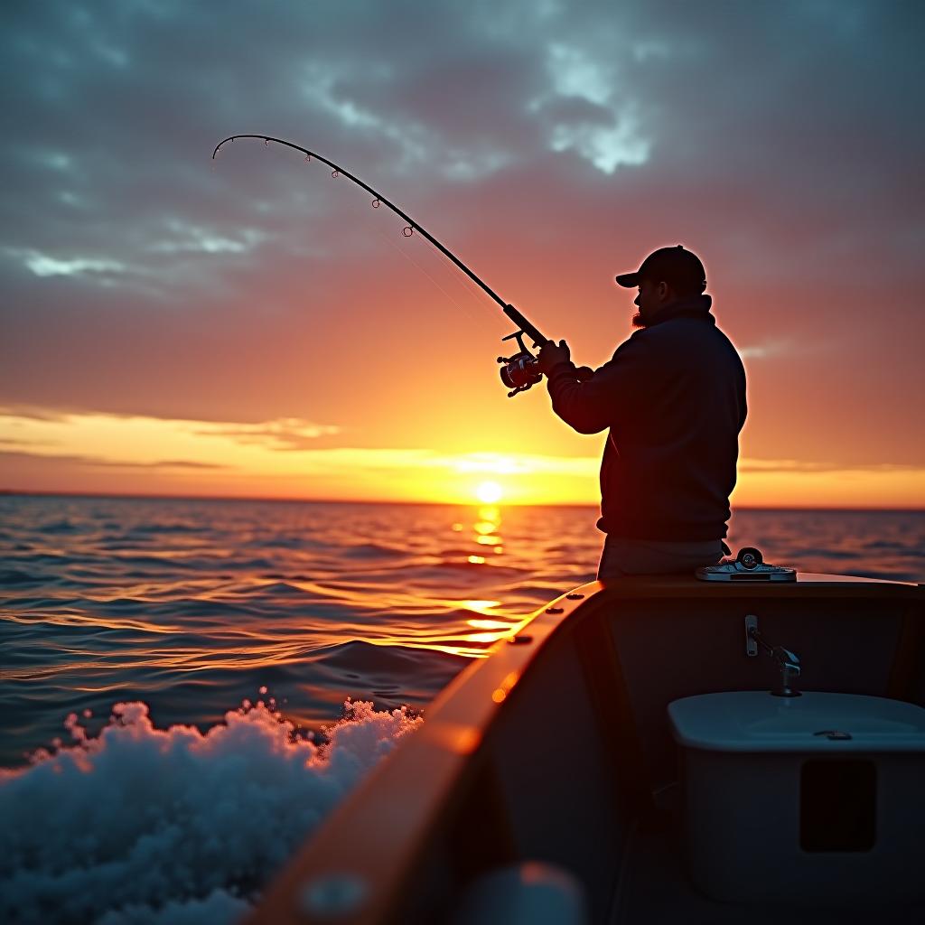  footage of a spinner fisherman in a boat at sunset.