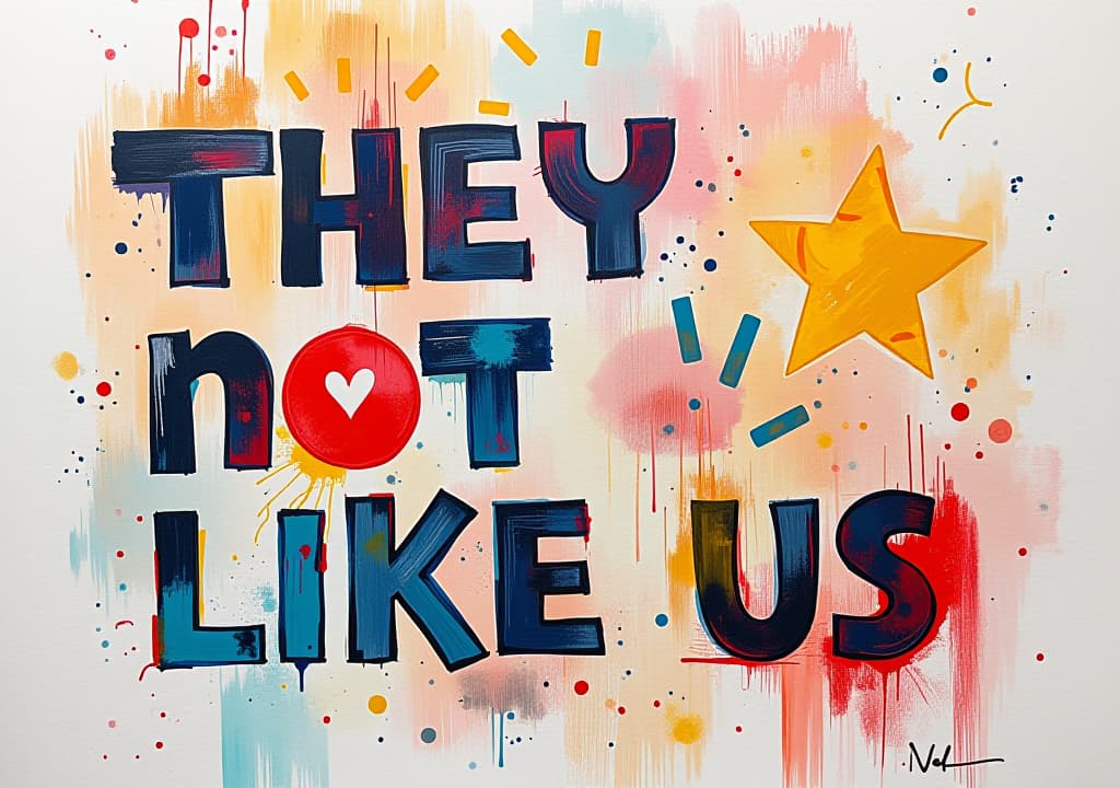  a stylish and creative painting of a text that says "they not like us".