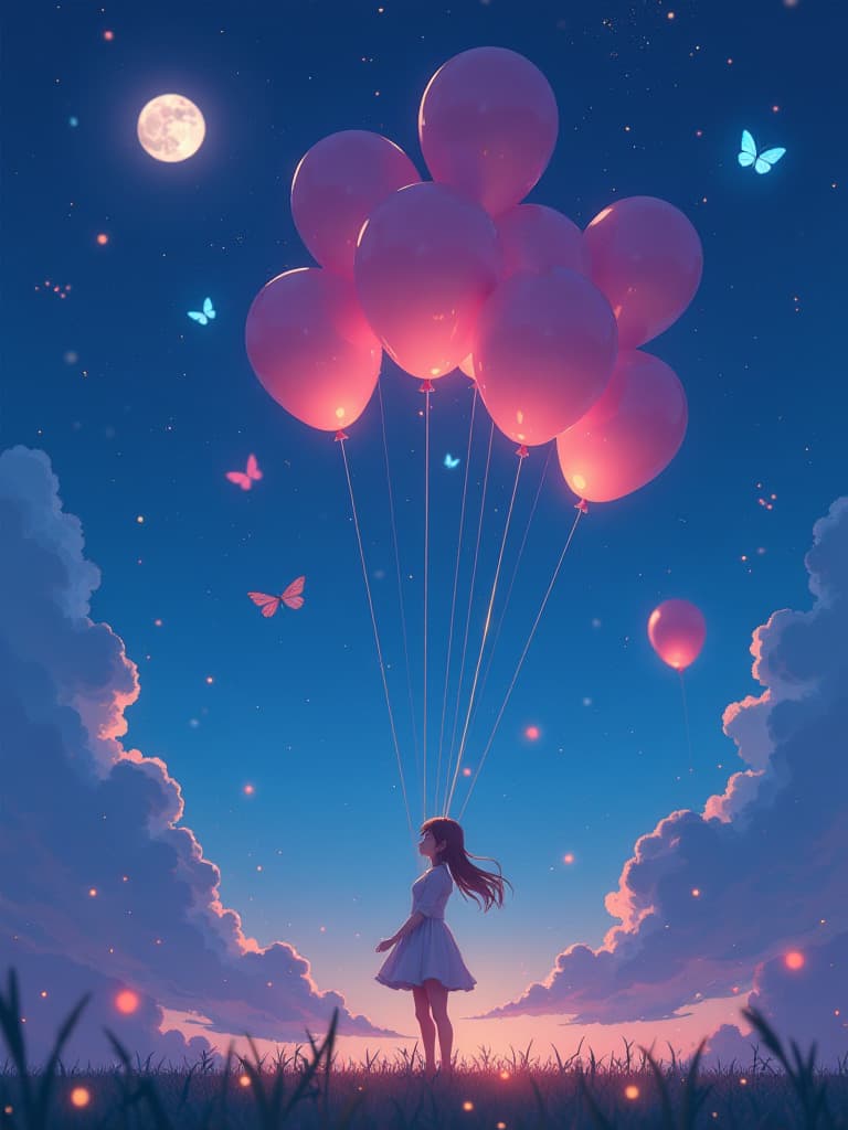  a bunch of balloons floating in the sky, cosmic skies. by makoto shinkai, moonlit starry sky environment, candle light, sao, glowing blue butterflies, rain on screen, sparkle, twitter, floating candles, cute! c4d, anime hi fructose, production i.g hyperrealistic, full body, detailed clothing, highly detailed, cinematic lighting, stunningly beautiful, intricate, sharp focus, f/1. 8, 85mm, (centered image composition), (professionally color graded), ((bright soft diffused light)), volumetric fog, trending on instagram, trending on tumblr, HDR 4K, 8K