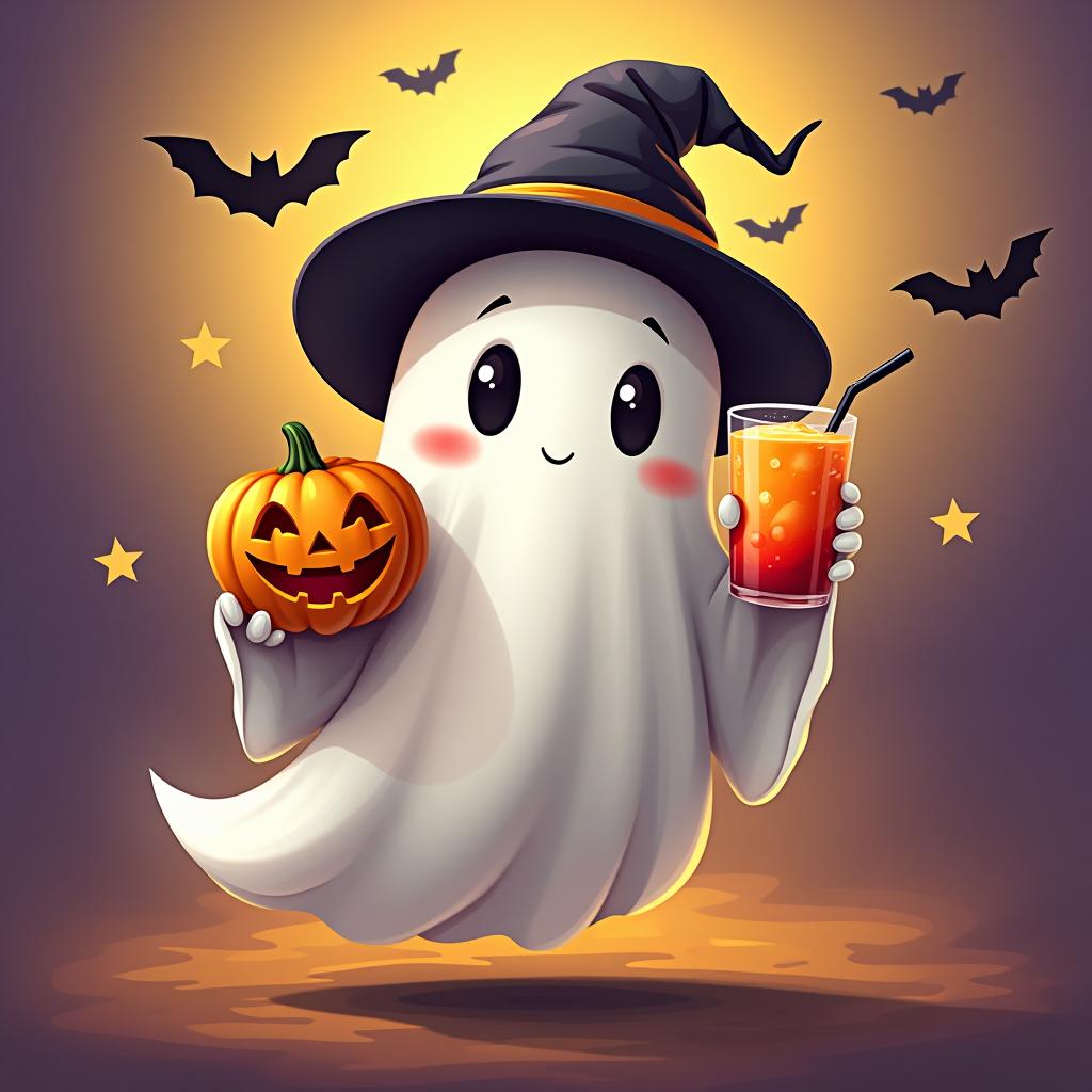  create a digital painting featuring a cute ghost character. the ghost should be wearing a hat. in one hand, the ghost should hold a pumpkin with a carved face, and in the other hand, a halloween themed drink. the background should be colorfull and include small black bats and stars to add a playful halloween touch. the overall style should be cute, whimsical, and colorful hyperrealistic, full body, detailed clothing, highly detailed, cinematic lighting, stunningly beautiful, intricate, sharp focus, f/1. 8, 85mm, (centered image composition), (professionally color graded), ((bright soft diffused light)), volumetric fog, trending on instagram, trending on tumblr, HDR 4K, 8K