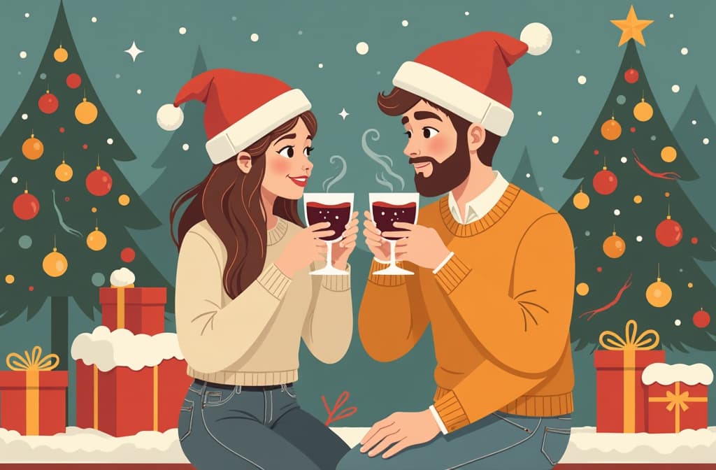  flat illustration, flaticon, (illustration:1.15), a young couple, a woman in beige and a man in mustard colored warm sweaters, jeans and santa claus hats, are drinking hot mulled wine , [cory loftis, strobist, pascal campion :: 0.2]