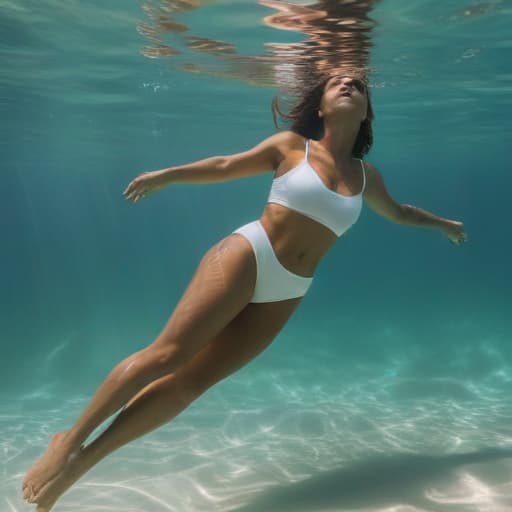 tanned woman with wide hips in full growth sinking underwater