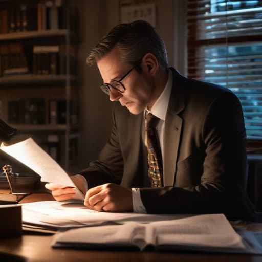 A photo of a car accident attorney examining evidence in a dimly lit office during late evening with a soft, warm glow casting intricate shadows across the desk.