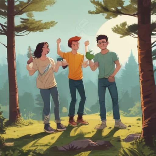 Three friends celebrate in Comic Art style with Forests background