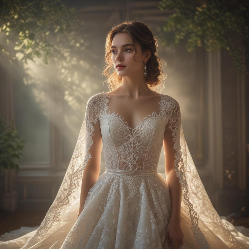 ((masterpiece)),(((best quality))), 8k, high detailed, ultra detailed,An enchanting and alluring beauty, ethereal glow, intricate lace details, ethereal background, magical lighting effects hyperrealistic, full body, detailed clothing, highly detailed, cinematic lighting, stunningly beautiful, intricate, sharp focus, f/1. 8, 85mm, (centered image composition), (professionally color graded), ((bright soft diffused light)), volumetric fog, trending on instagram, trending on tumblr, HDR 4K, 8K