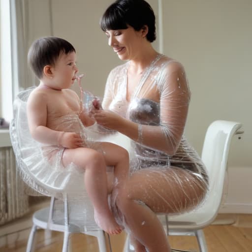 A middle age rough looking mother with short black hair and nipples sticking out and wearing a clear transparent see-through plastic dress is feeding a young man sitting in a high chair in plastic pants and diaper squirting his erection cum all over the both of them. White cream is all over both of them. The room is dark and messy.