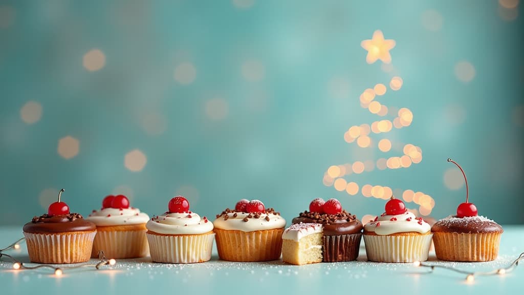  the garland is made of a variety of cakes, golden lights, the shape of a christmas tree without a tree, a festive blurred pastel blue background ar 16:9 {prompt}, maximum details