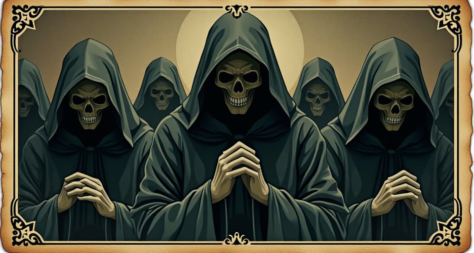  cloaked figures in secretive ritual, guarded look, layers of hidden symbols, shadowy, defensive, conspiratorial. an illustration in the style of a worn, mystical old tarot trump card, mysterious and elements of surrealism. the colors are muted, somber and eerie, but with contrast bring out an occult and esoteric vibe.