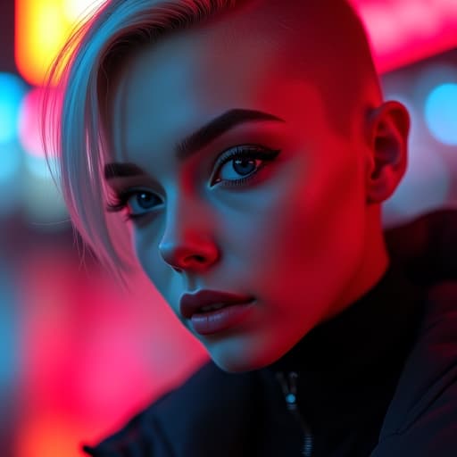  ultra realistic close up portrait ((beautiful pale cyberpunk female with heavy black eyeliner)), blue eyes, shaved side haircut, hyper detail, cinematic lighting, magic neon, dark red city, canon eos r3, nikon, f/1.4, iso 200, 1/160s, 8k, raw, unedited, symmetrical balance, in frame, 8k hyperrealistic, full body, detailed clothing, highly detailed, cinematic lighting, stunningly beautiful, intricate, sharp focus, f/1. 8, 85mm, (centered image composition), (professionally color graded), ((bright soft diffused light)), volumetric fog, trending on instagram, trending on tumblr, HDR 4K, 8K