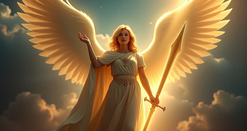  a radiant angel holding a glowing sword of justice. the atmosphere is powerful and imposing, with shimmering celestial light cutting through darkness, signifying divine truth and exacting justice.. the style is digital art illustration,highly detailed, whimsical,magical, dreamlike atmosphere, realism and fantasy blend, smooth, glossy textures,luminous quality, wonder and enchantment.