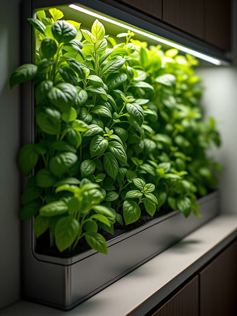  high quality portrait photo of a close up of a stylish, vertical herb garden integrated into a contemporary kitchen wall, with led grow lights and a sleek watering system hyperrealistic, full body, detailed clothing, highly detailed, cinematic lighting, stunningly beautiful, intricate, sharp focus, f/1. 8, 85mm, (centered image composition), (professionally color graded), ((bright soft diffused light)), volumetric fog, trending on instagram, trending on tumblr, HDR 4K, 8K