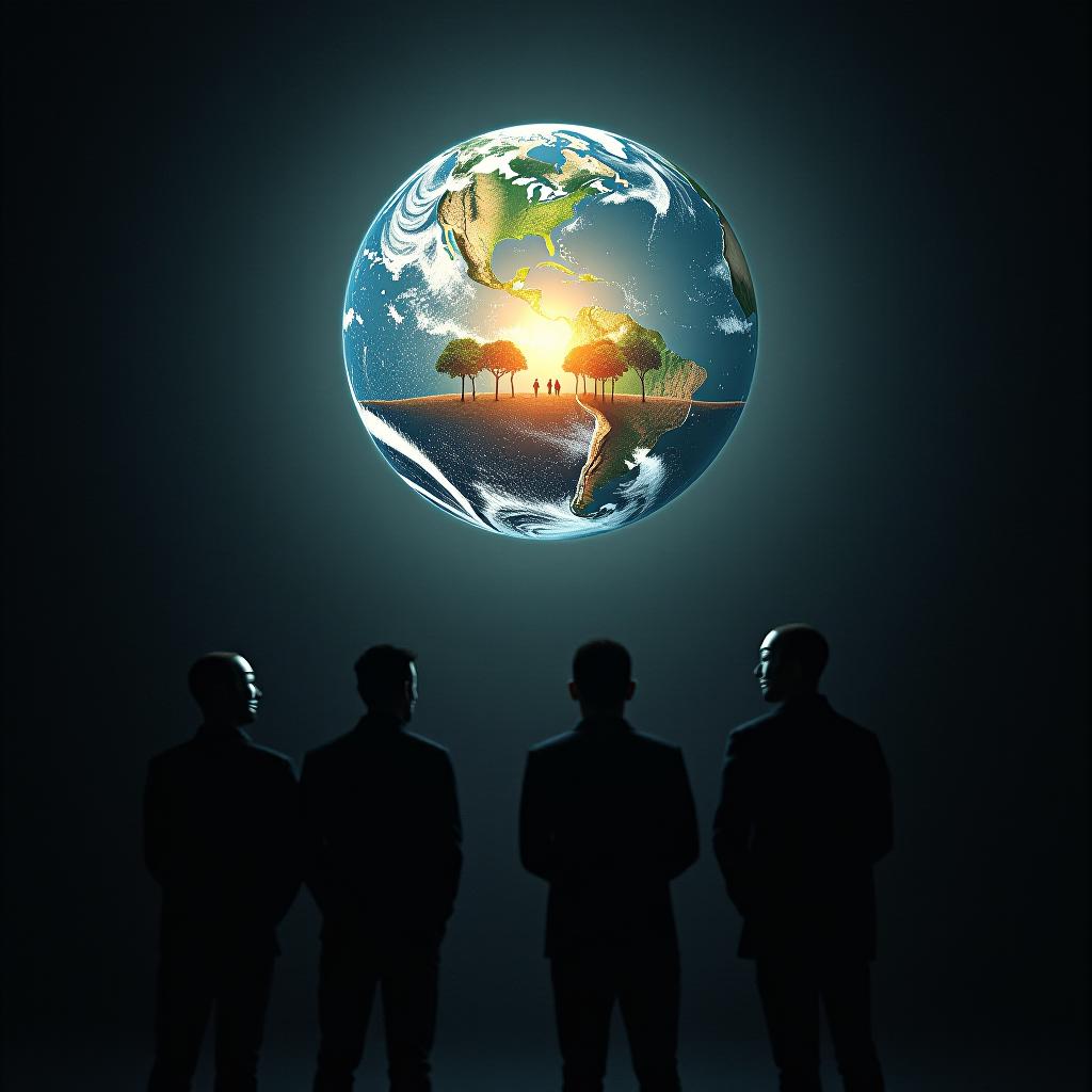  cinematic photo four men in anonymous masks stand and look at a reduced flat earth world with trees, seas, people and gods, a dark background, people’s eyes from top to bottom . 35mm photograph, film, bokeh, professional, 4k, highly detailed