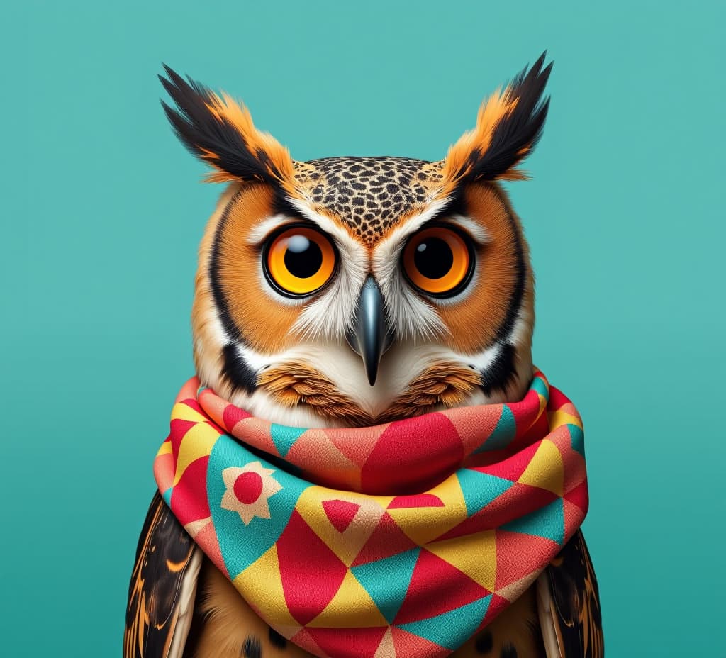  owl on turquoise background wearing colourful